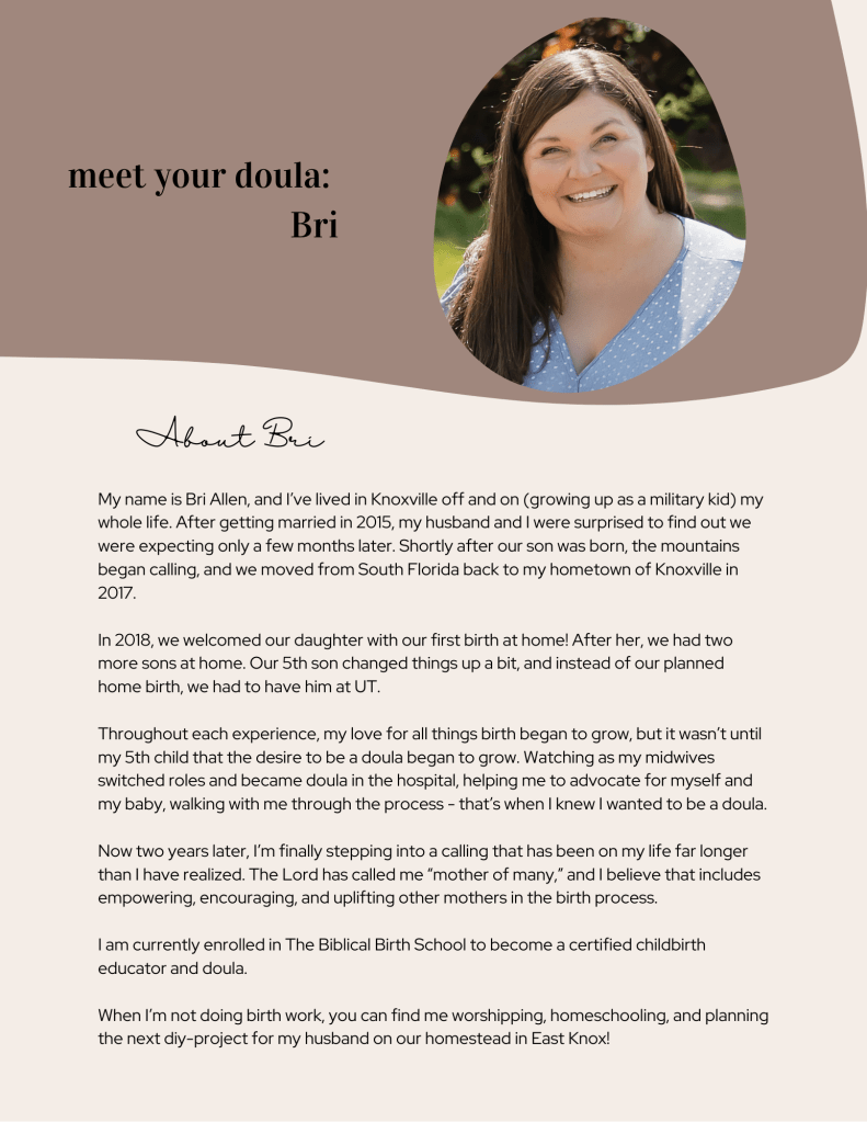 Meet Bri Allen, a Christian doula living in East Knoxville. Bri loves all things birth and has had both home births and hospital births herself. She is in a program to become a certified childbirth educator and doula.